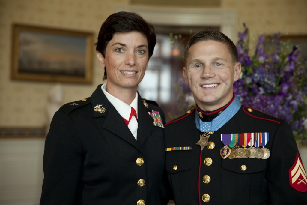 Marcela Monahan with Marine and Medal of Honor Recipient Kyle Carpenter